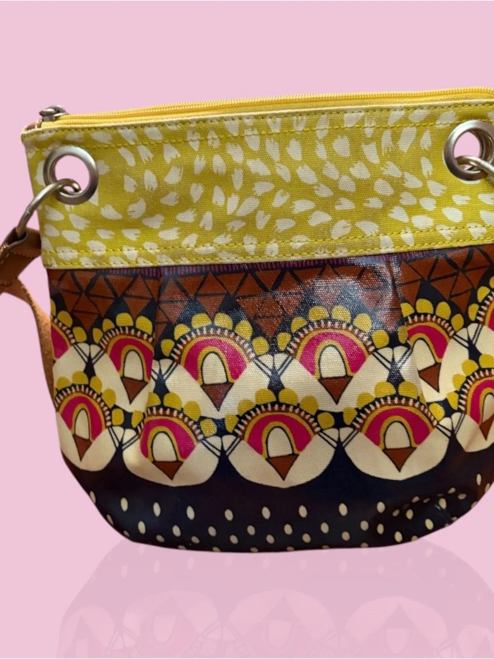 Fossil Yellow Patterned Canvas Hobo with Tan Strap